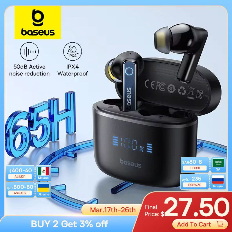  Baseus Bowie 30 Wireless Earphones 50dB Noise Reduction 65Hrs Long Playtime Bluetooth 5.3 Earbuds 6 Mics AI Call Clear Big Bass 