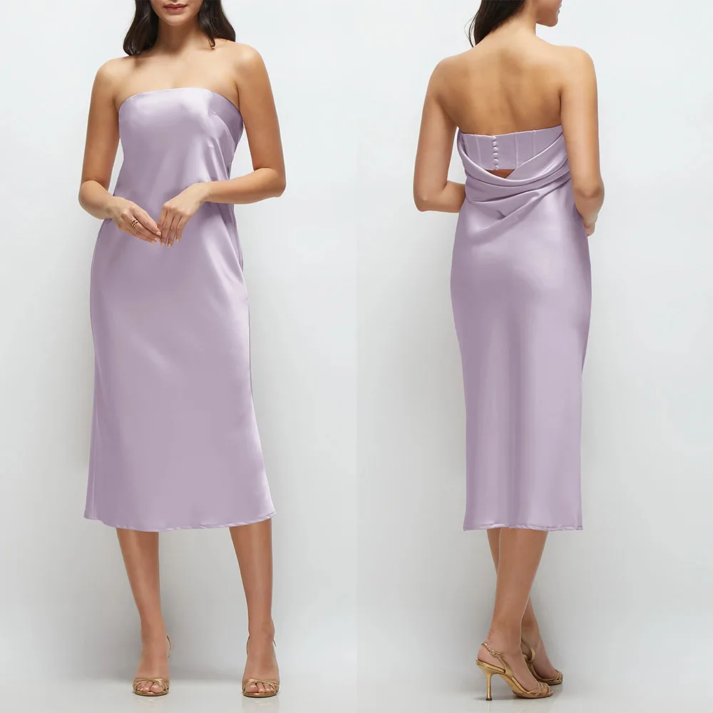 

High Quality Customized Lavender Purple Strapless Satin Midi Dress Back Ruched Cutout Formal Party Dress Women Dresses Платье