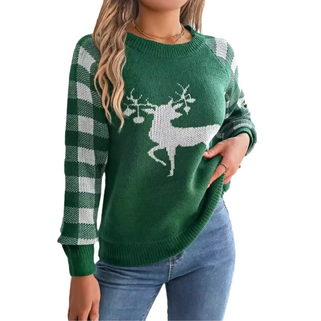 2025 New Year Autumn/Winter Casual Checkered Deer Long Sleeve Hoodie Sweater Christmas Women Red Green Knitted Pullover Jumpers