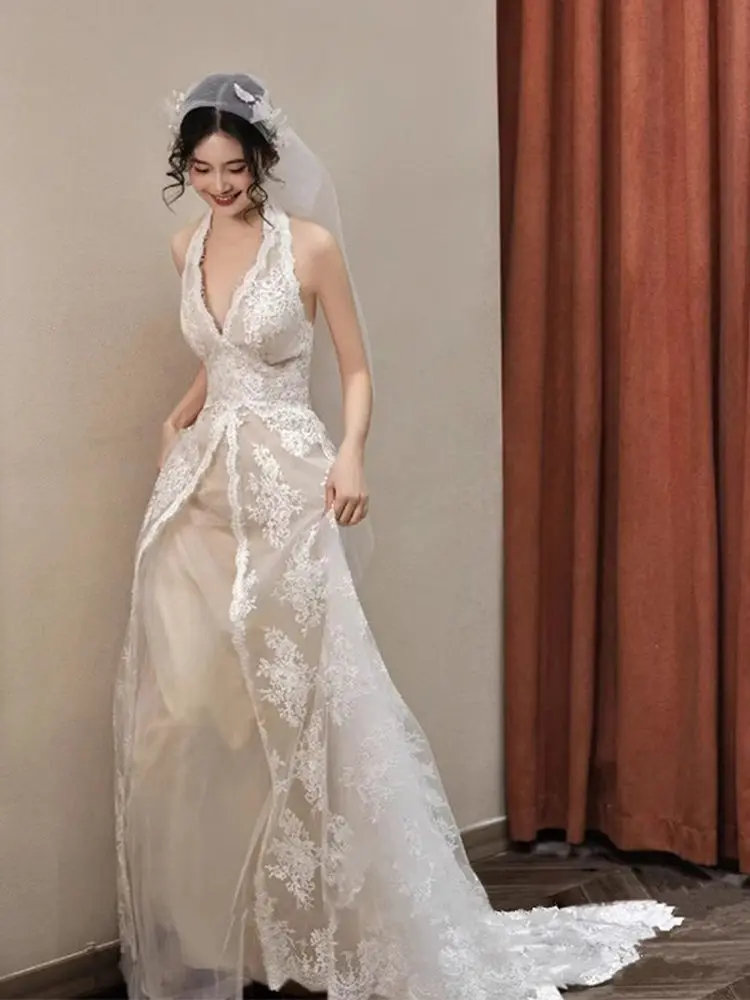 

Bride Wedding Morning Robe Evening Dinner Birthday Party Fairy Tale Korean Style Lace Light Wedding Dress High End Hanging Ne...