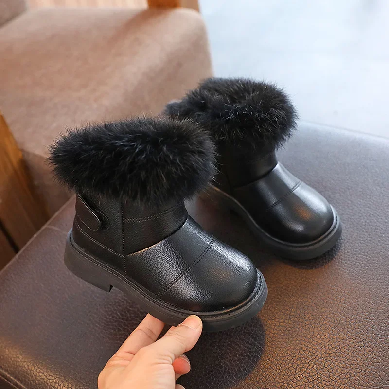 Children PU Leather Snow Boots 2023 New Waterproof Non-slip Kids Shoes for Boys Fashion Winter Boots Warm Plush Girls Boots