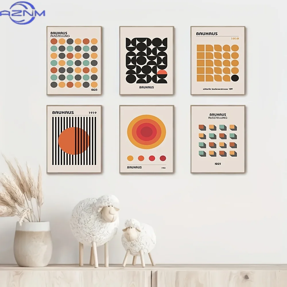 6pcs Set Mid-Century Modern Bauhaus Geometric Abstract Art Prints, Unframed Canvas Posters for Living Room, Gallery Wall, Home D