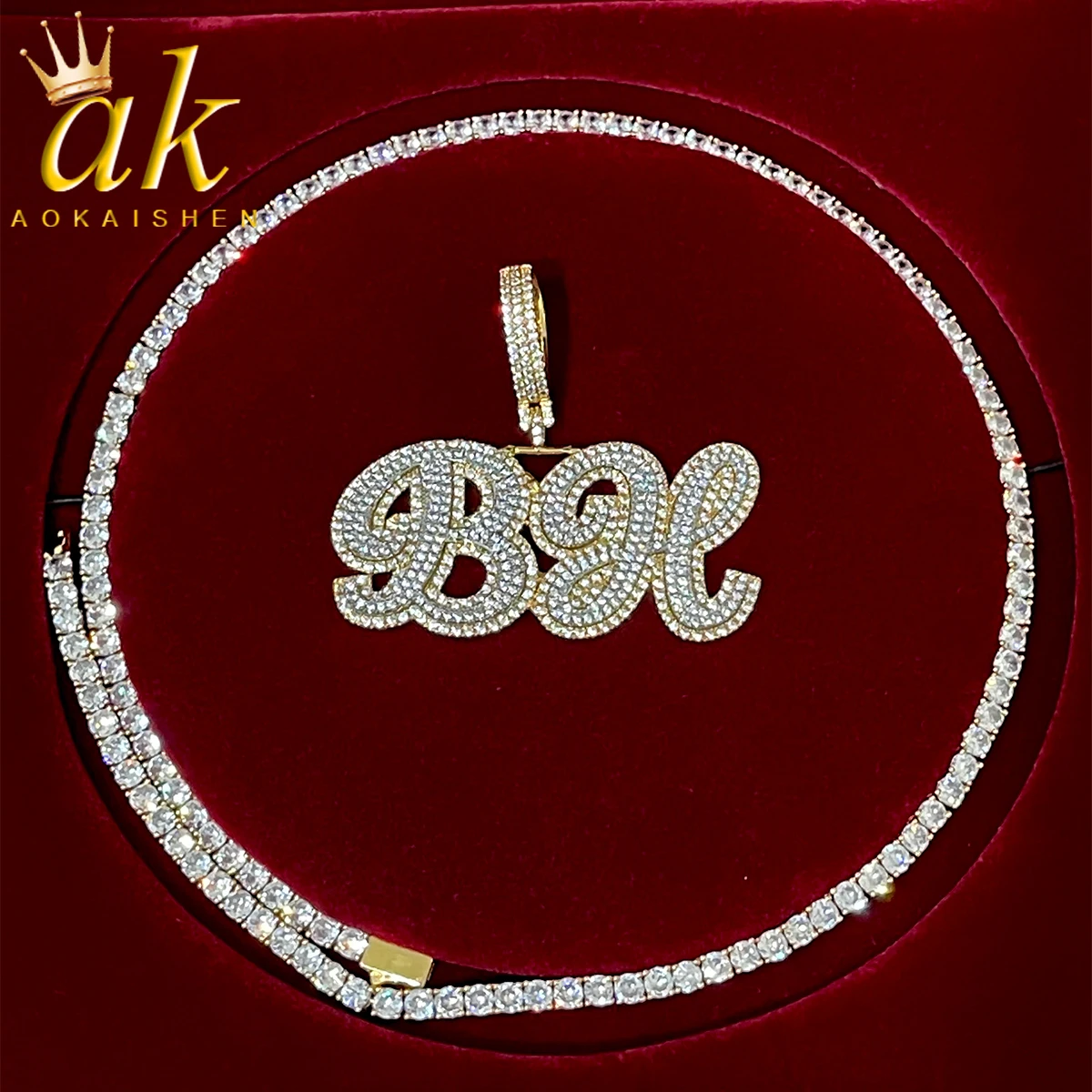 Aokaishen Custom Cursive Letter Name Pendant Men Necklace Rock Street Bling Full Zircon Customized Hip Hop Jewelry