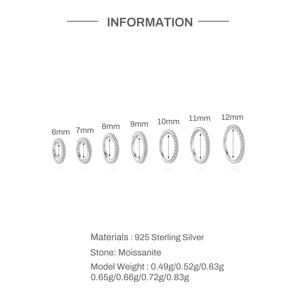 Aide 1pc 6mm-12mm Moissanite Earrings For Women 925 Sterling Silver Hypoallergenic Lightweight Moissanite Ear Hoops Jewelry