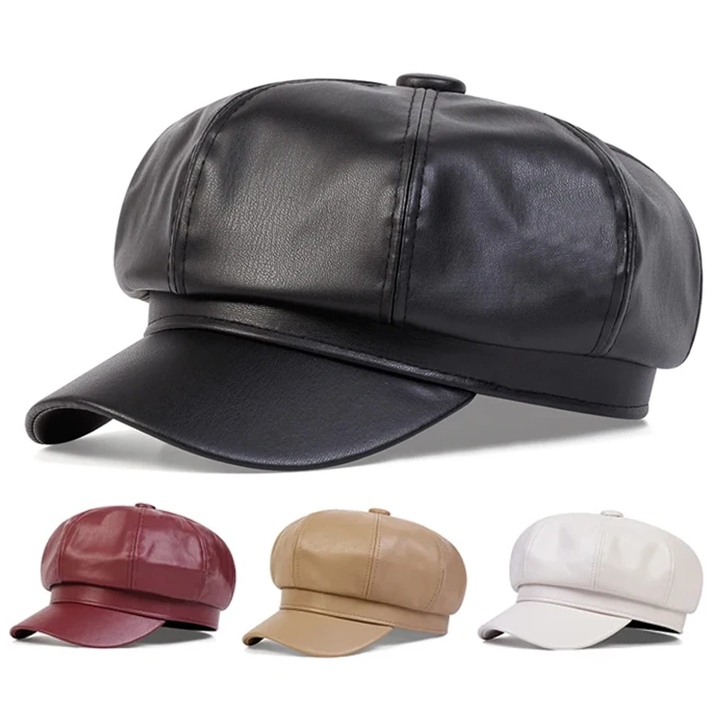 Unisex PU-Leder achteckige Mütze, Militärhüte, Baseballkappen mit flachem Oberteil für Damen und Herren, Outdoor-Sport, Kadetten-Sonnenschutzhut