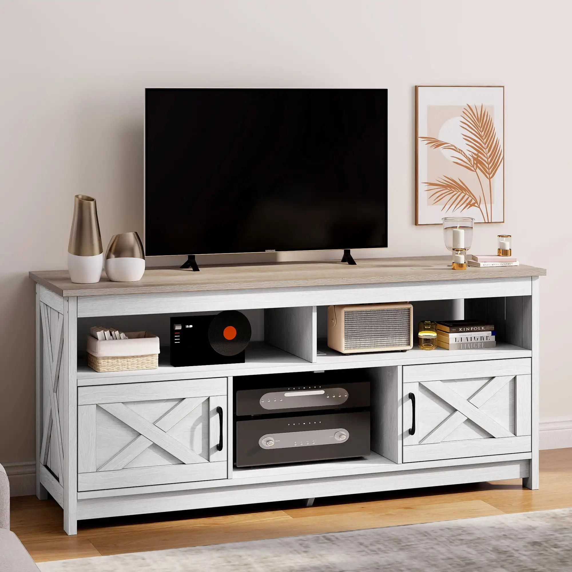 Farmhouse TV Stand up to 65 inch with Power Outlet Media Console with Storage Shelves Grey Wash Robust Structure