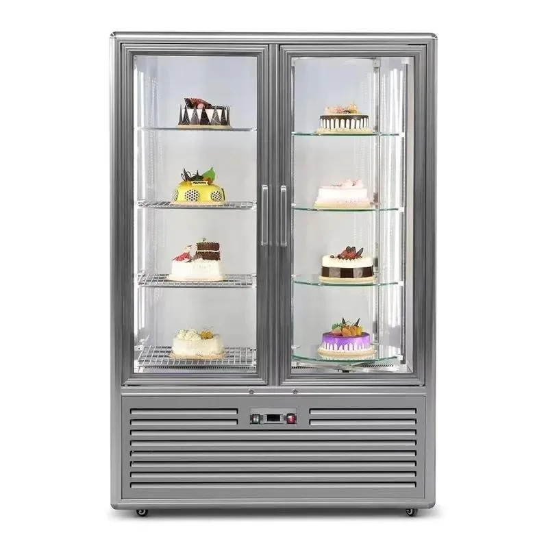 Commercial Vertical Glass Cake Display Refrigerator with Rotating Rack for Hotel Bakery Four Sided Showcase
