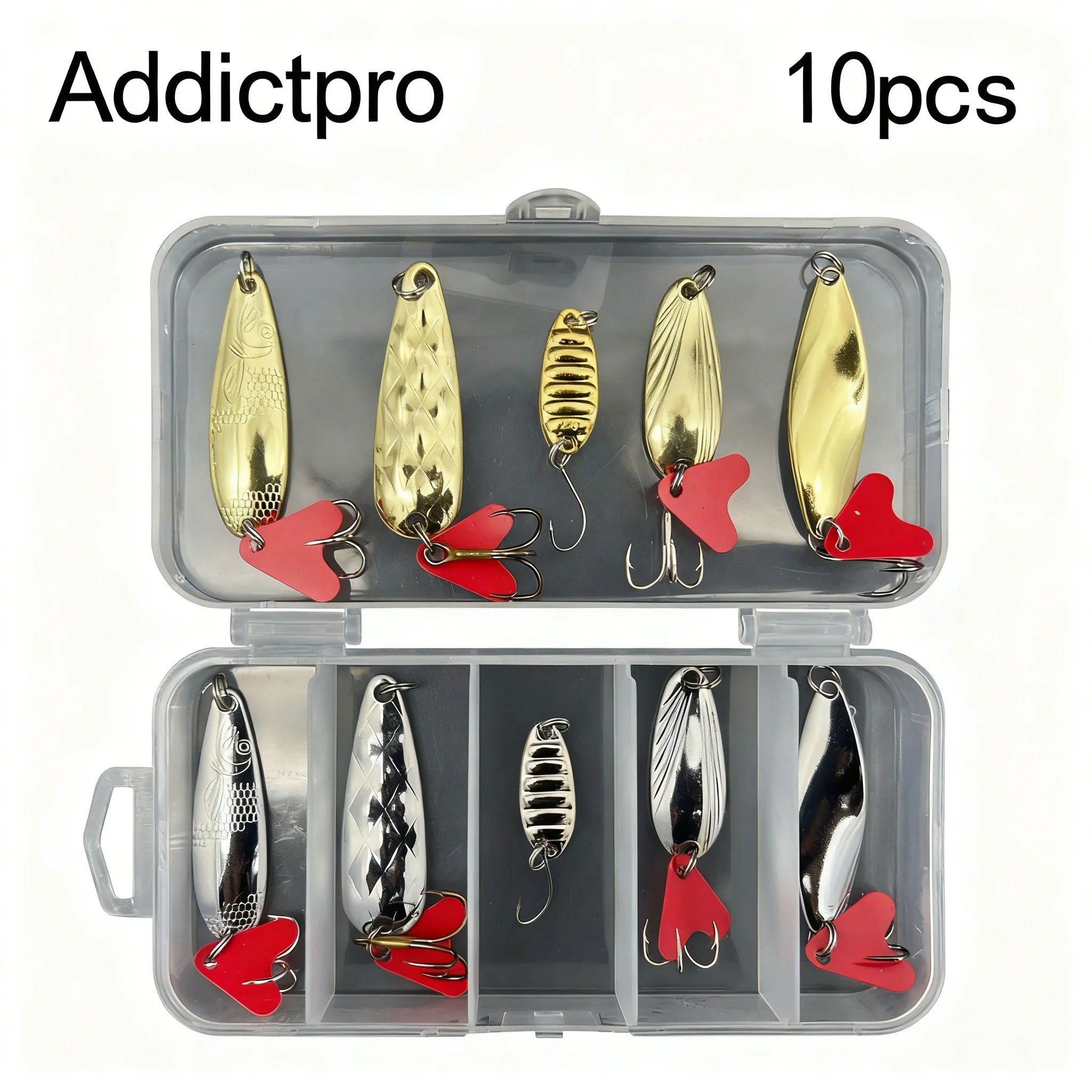 

Addictpro 10pcs Fishing Lure Set Box Metal Spinner Spoon Jig Hard Baits Attractor Treble Hook
