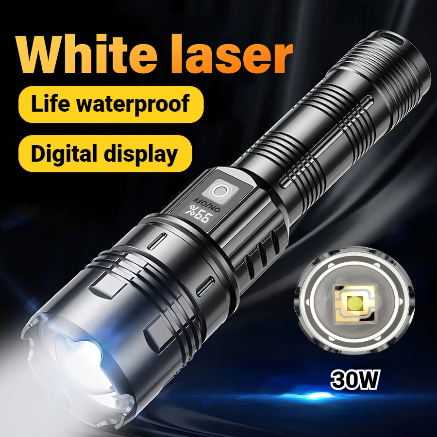 30W Digital Display Powerful LED Flashlight Built-in Battery Rechargeable Outdoor Long-range Camping Emergency Tactical Torch