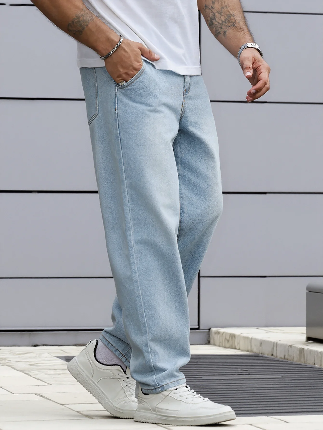 Fashion Men's Solid Color Drape Denim Jeans, Loose Straight Wide‑Leg Dragging Pants, Korean Vintage Y2K Hip‑Hop Daily Casual Tro