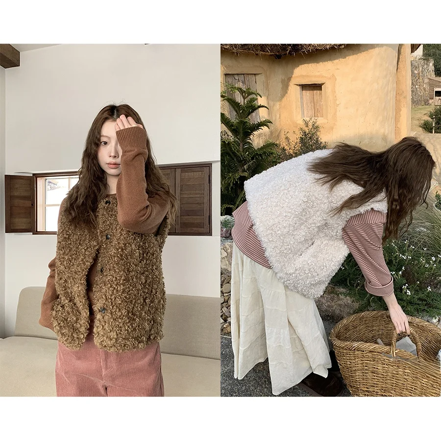 

Универсальный меховой жилет HelloooEat для женщин, модный дизайн с одной пуговицей, теплая верхняя одежда, повседневный стиль, V-образный вырез, полиэстер