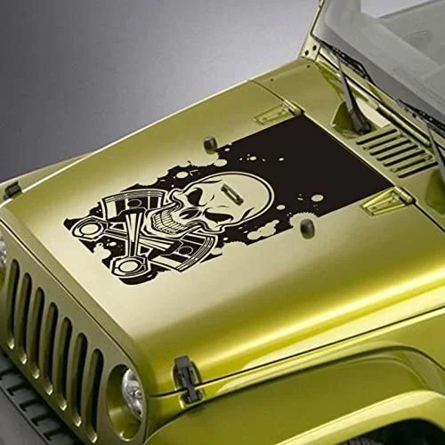 For Hood Decal Fits Jeep Wrangler TJ YJ JK - Skull & Pistons Blackout Sticker  Black