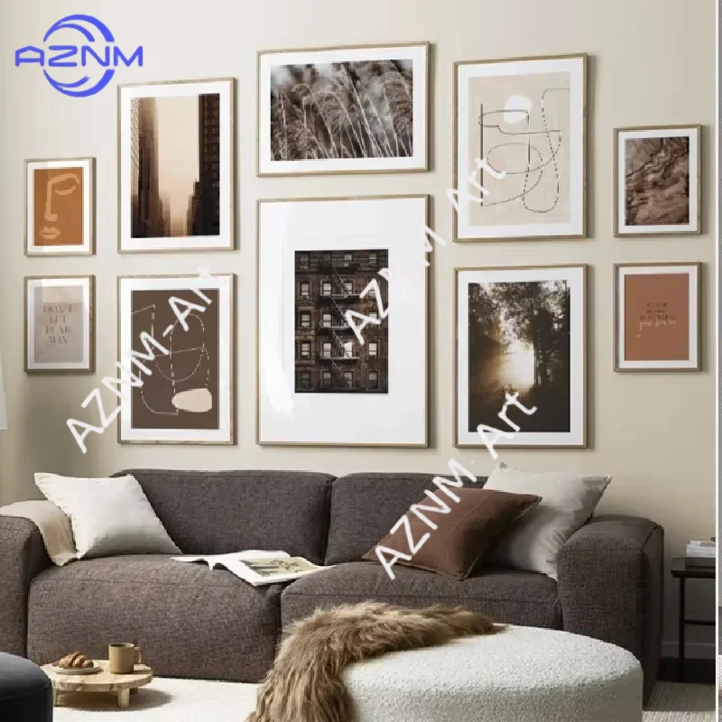 1pc Modern Architecture Landscape Canvas Painting Brown Abstract Lines English Reed Poster Living Room Wall Picture Decor