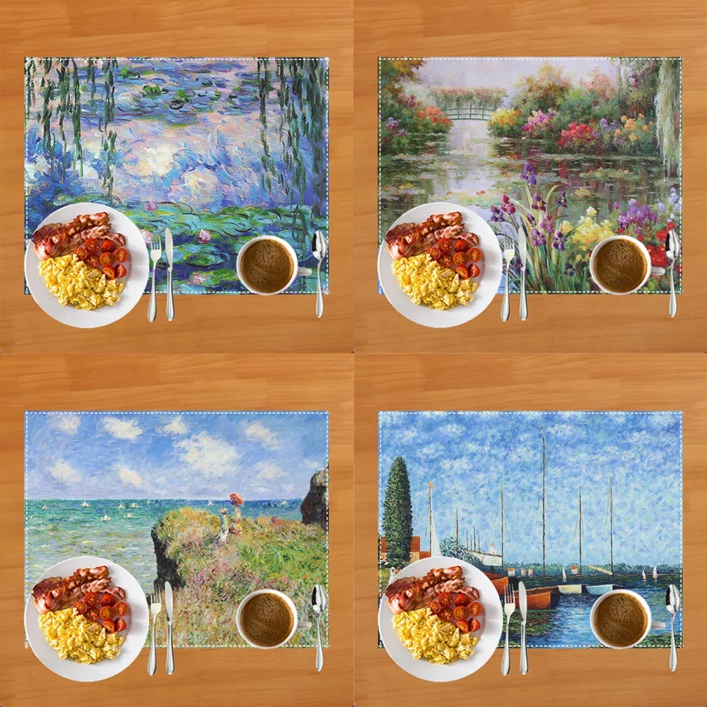 Famous Oil Painting By Claude Monet Table Mats Waterlily Lotus Flower Coffee Cup Pads Kitchen Accessories Linen Dining Placemat