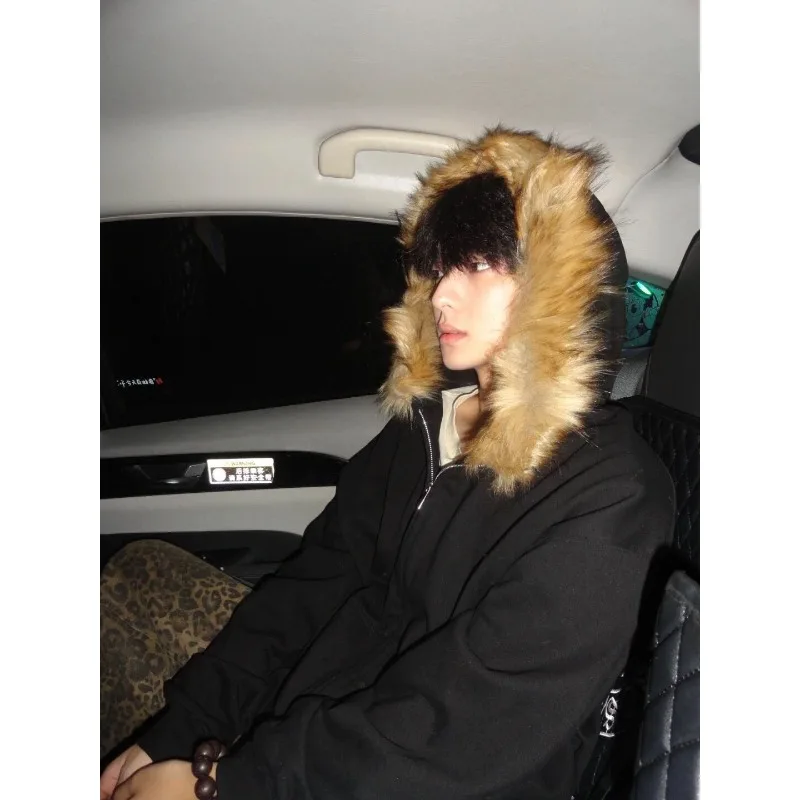 

Faux Fur American Vintage Coats with Hooded Women's Y2K Sweatshirts Gothic Harajuku Subculture Punk Emo Sweatshirts and Jacket