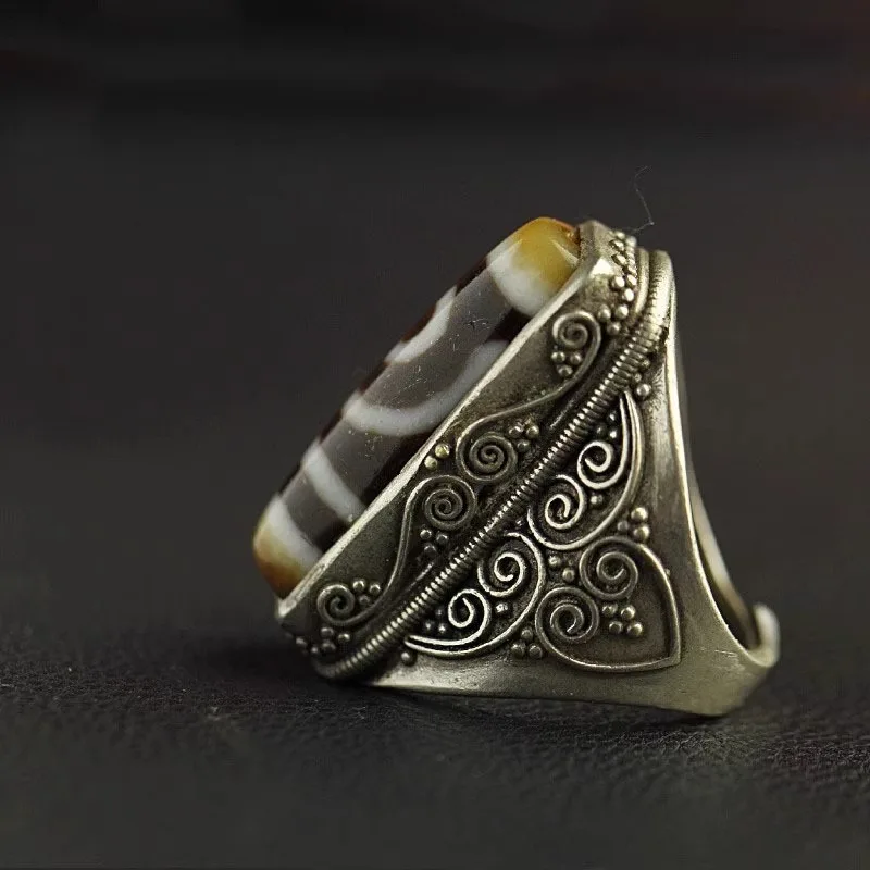 Vintage Tibetan Two-Eyed Dzi Ring, Handcrafted Old Style, Large Inlaid Open Band Jewelry for Men Women