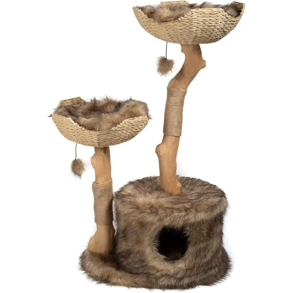 Modern Cat Tree Tower, Real Branch Luxury Wood Cats Tower, Cats Scratching Tree, Cat Bed