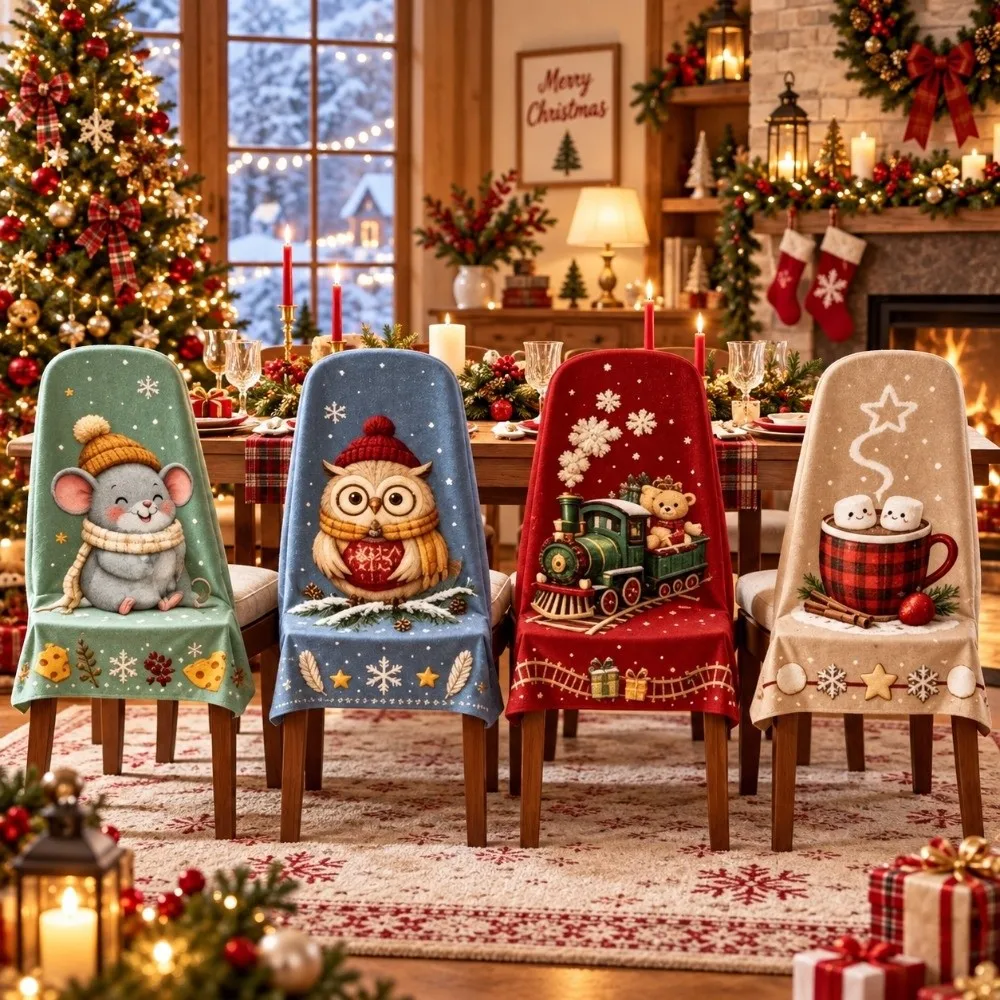 4 pcs Snowman Christmas Chair Cover Dustproof 2D Print Chair Protective Sleeves Dwarf Santa Chair Dust Cover