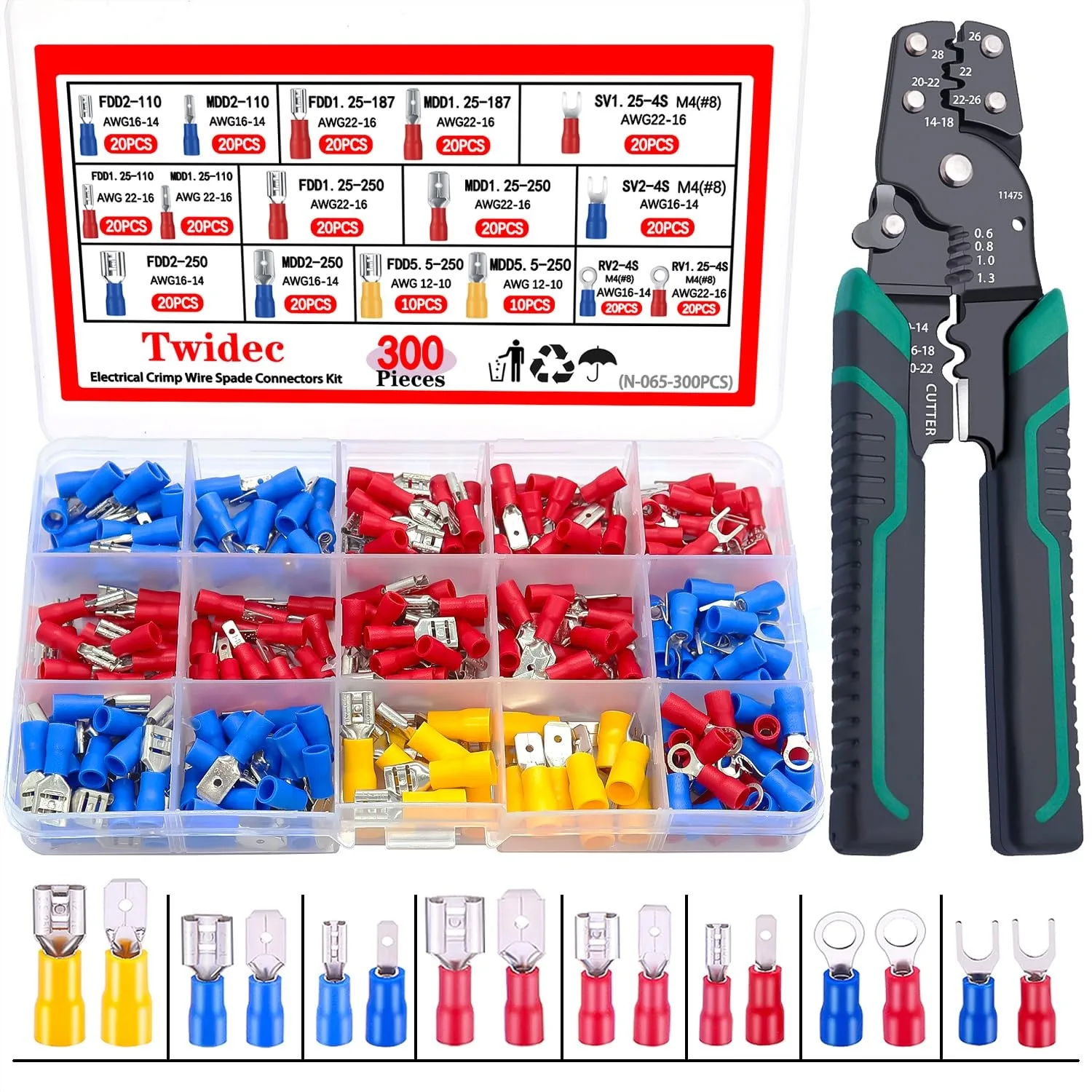 

300PCS 16 Types Spade Crimp Connectors Kit 2.8/4.8/6.3mm Male Female Insulated Wire Terminals with Crimping Tool