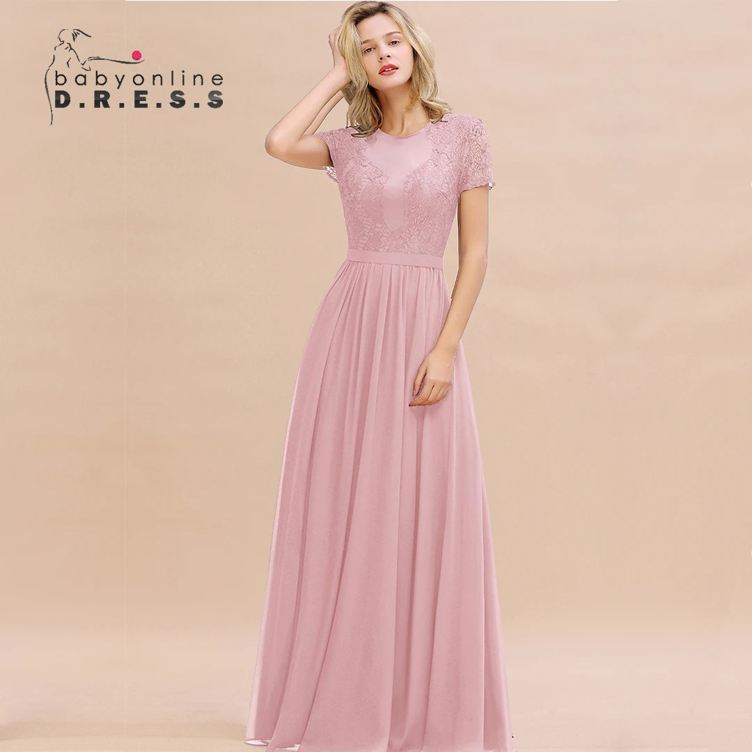 

BABYONLINE Pink Bridemaid Dresses Lace Chiffon A Line Short Sleeve Long Gowns for Women Wedding Evening Party שמלות ערב לנש