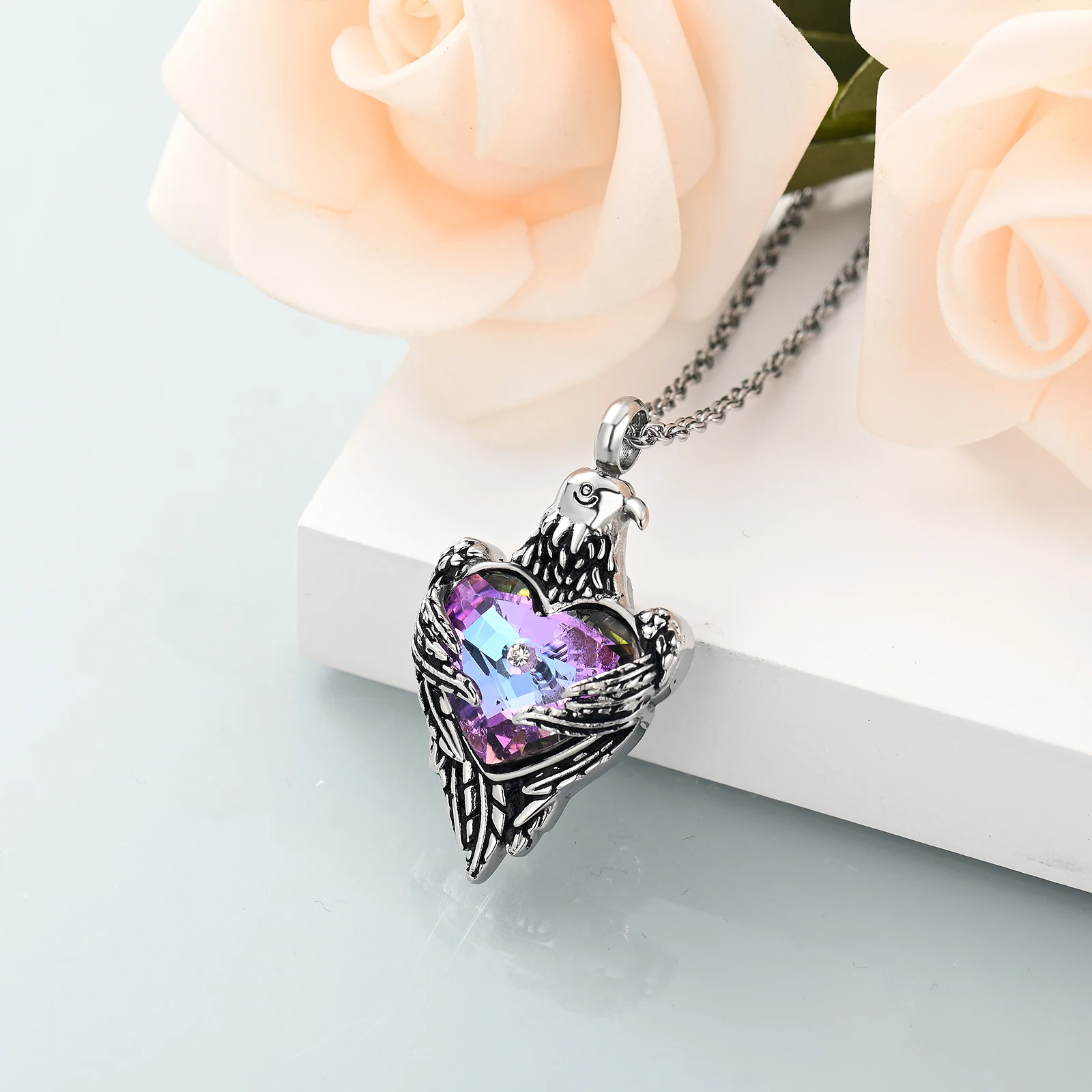 Eagle Crystal Heart Memorial Cremation Jewelry Urns For Ashes Urn Necklace Customize Vintage Stainless Steel Keepsake