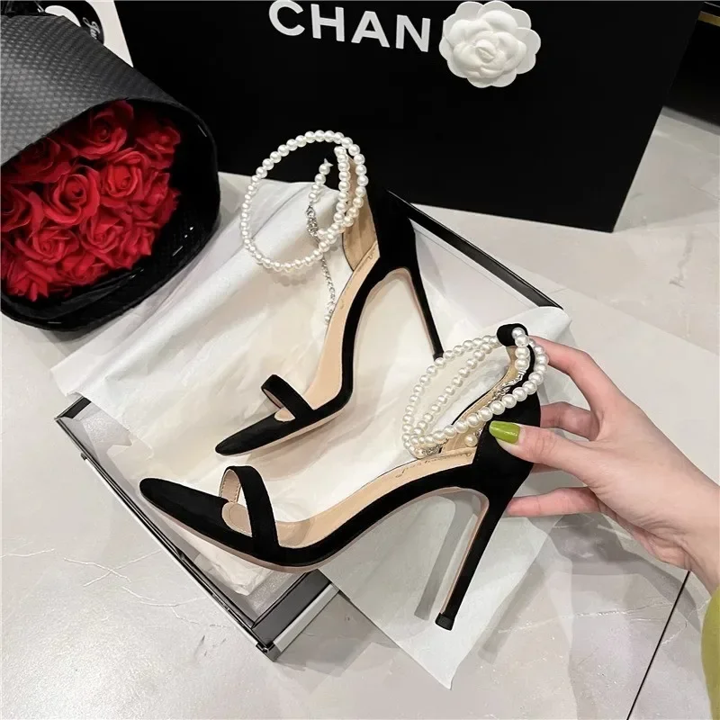 Summer Black Sexy High Heel Sandals Versatile Thin Heel Open Toe Pearl Stripe High Heel Shoes