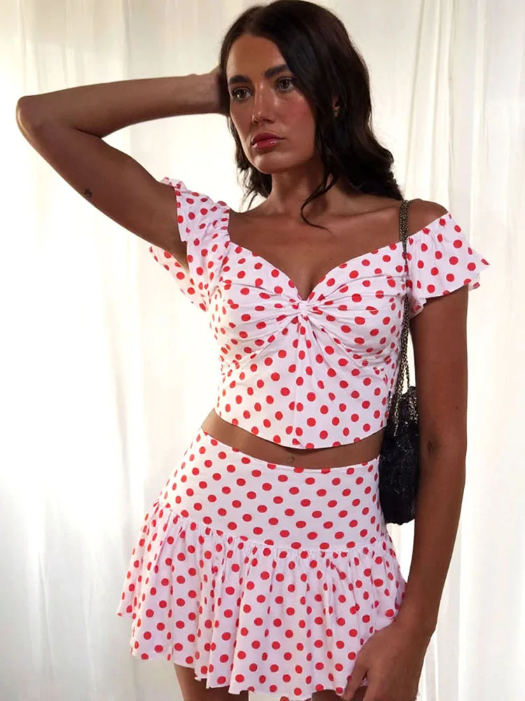 

Insglas Sweet Elegant Polka Dot Print 2-Piece Set Women Slash Neck Knot Tierred Crop Top+Puffy Skirt Matching Clubwear Suits