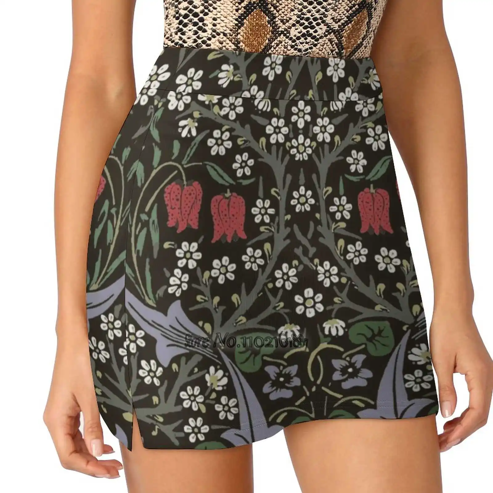 

William Morris Blackthorn Tapestry Art Print Floral Pattern Women Mini Skirt Two Layers With Pocket Skirts Sport Fitness