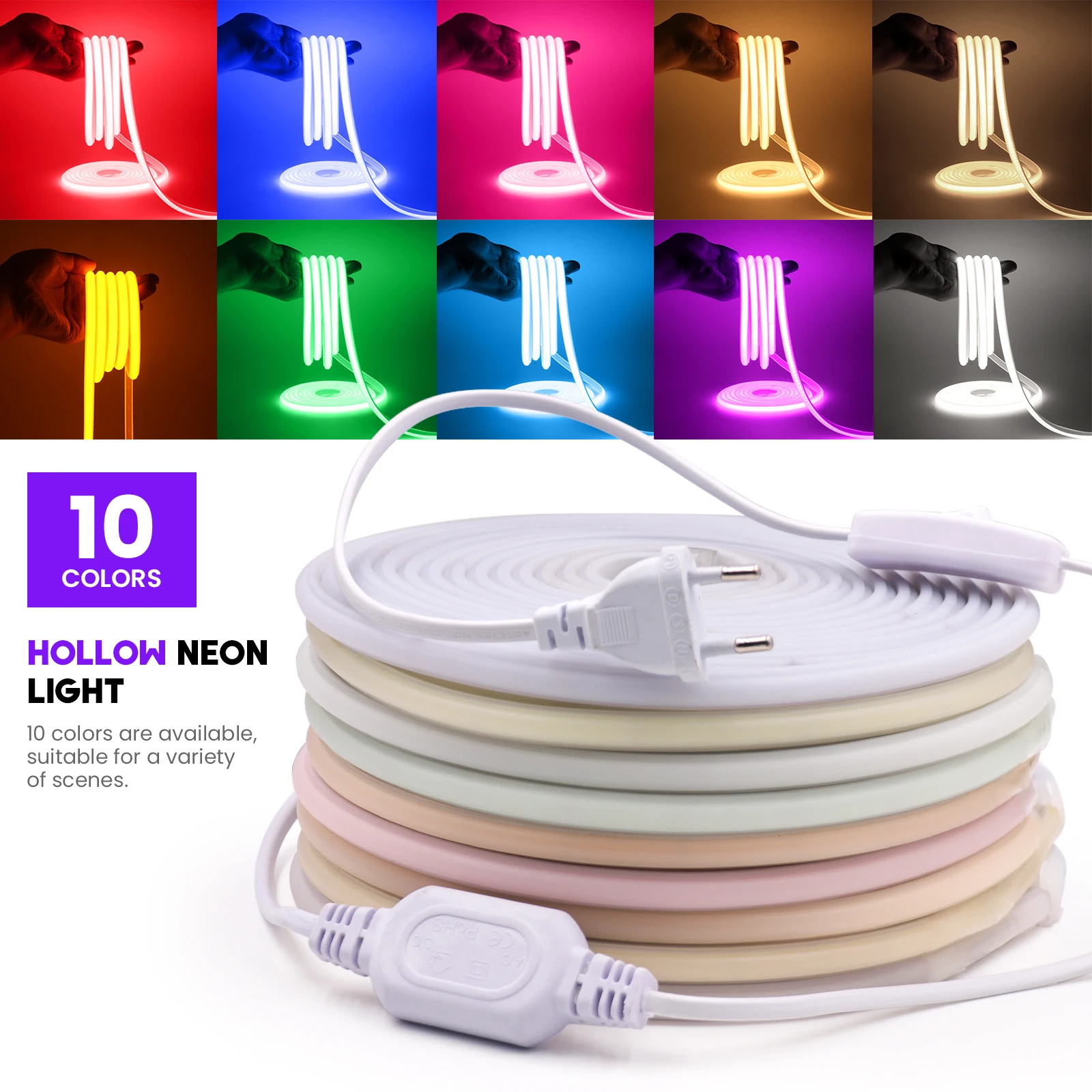 Imagem -02 - Cob Led Strip Light com Interruptor Super Brilhante Impermeável Flexível Néon Fita Macia Fita Led Plug ue 220v 288leds por m