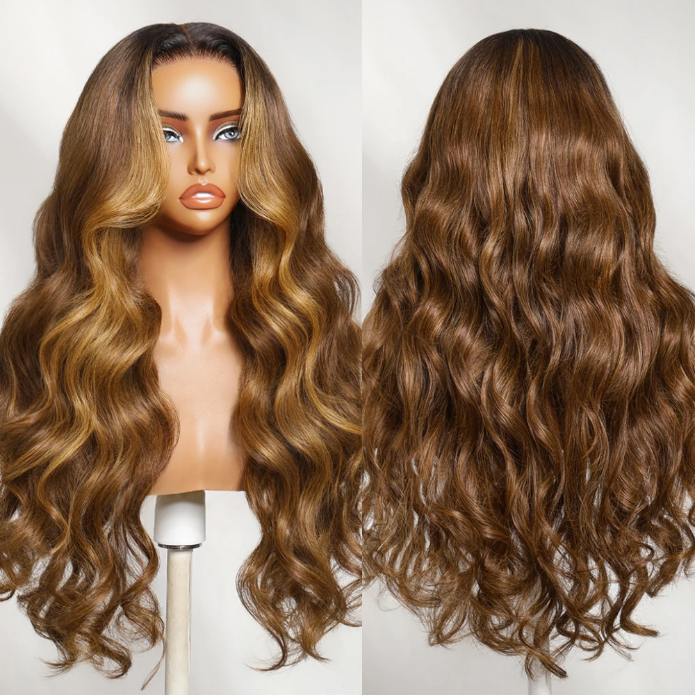 UNice Bye-Bye Slip™ 7x5 Lace Brown Body Wave Wig With Honey Blonde Face-Framing Highlights 100% Human Hair Glueless Drawstring Wig 150% Density