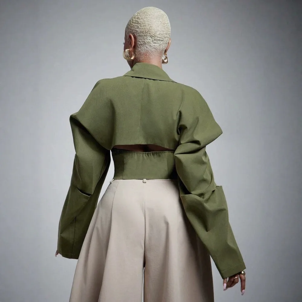 Women's Cropped Blazer Off Shoulder Cutout Puff Sleeve Lapel Open Front Solid Short Jacket Coat For Fashion Street Outerwear