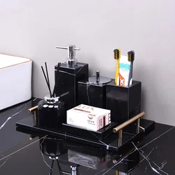 Wholesale Nero Marquina Black Natural Marble Set Luxury Soap Dispenser Toothbrush Holder Storage Tray Tissue Box Kit Bathroom