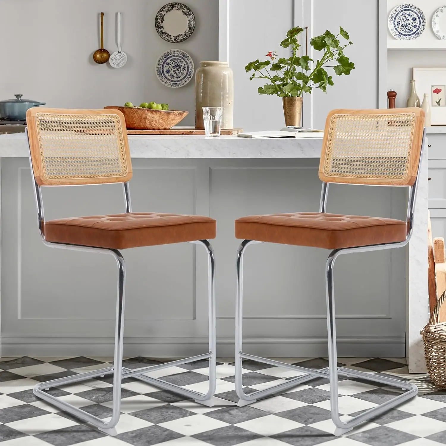 Ensemble de tabourets de bar modernes du milieu du siècle, cuir PU, chaises en rotin, cadre en métal robuste pour salle à manger, 2, 24"