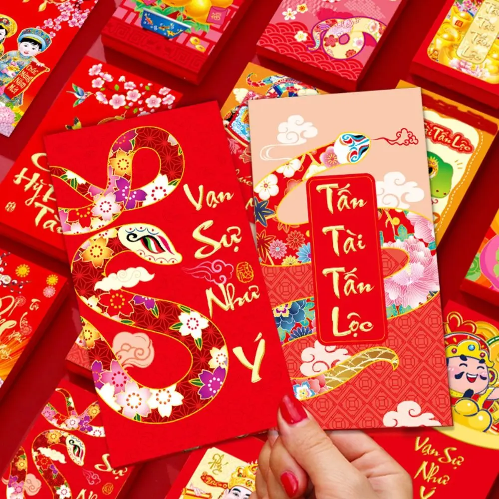 6PCS Vietnam 2025 New Year Red Envelope Blessing Best Wishes Snake Pattern Money Envelope HongBao Spring Festival