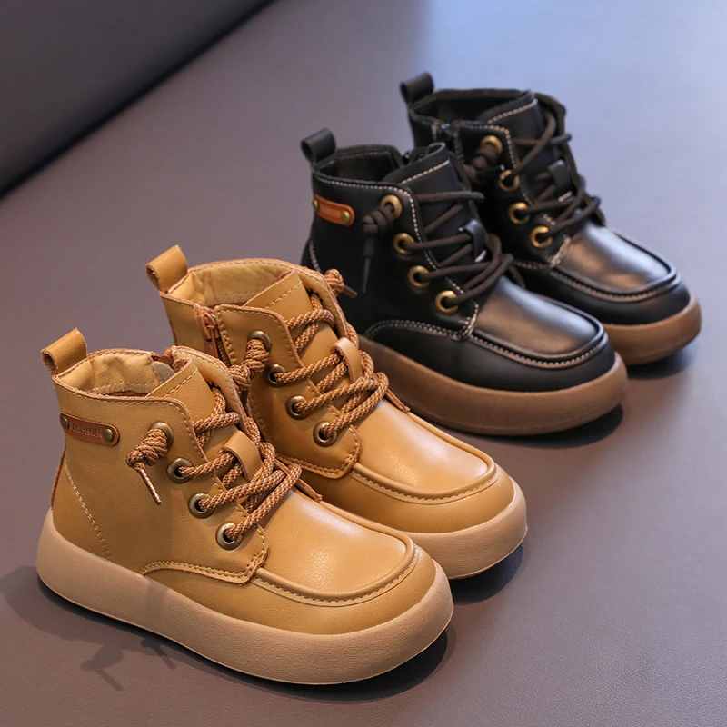 Children's High-quality Lace-up Round Short Boots 2026 Spring Autumn New Boys and Girls Non-slip Comfortable Motorcycle Boots