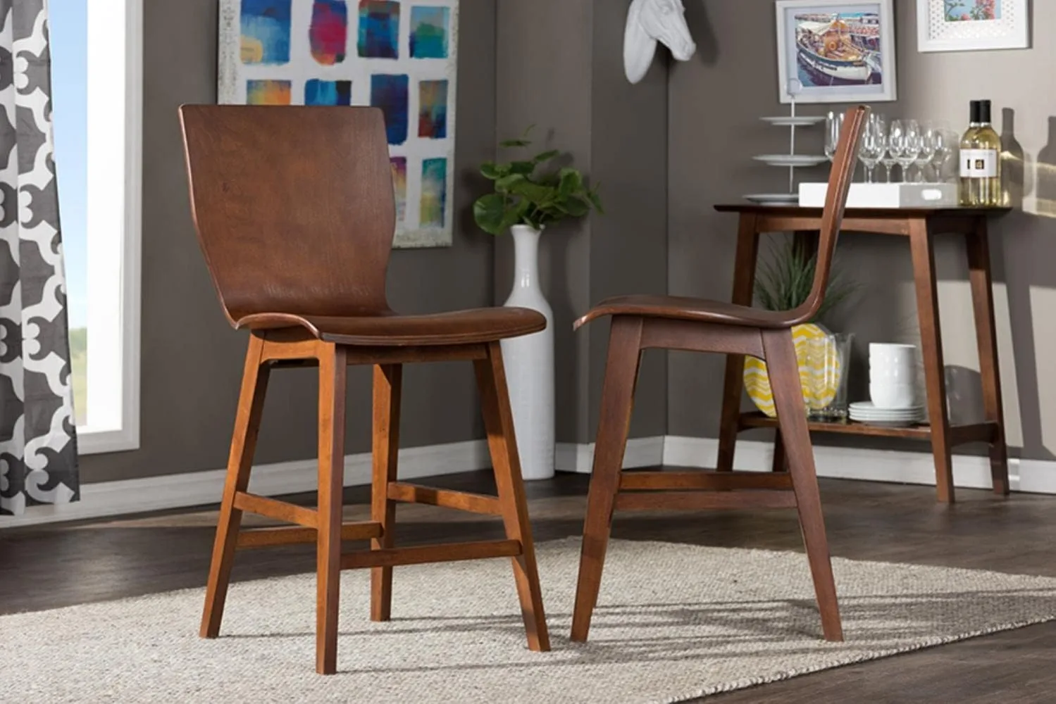 Baxton Studio Elsa Mid-century Counter Stool Scandinavian Style Dark Walnut Bent Wood Counter Stool