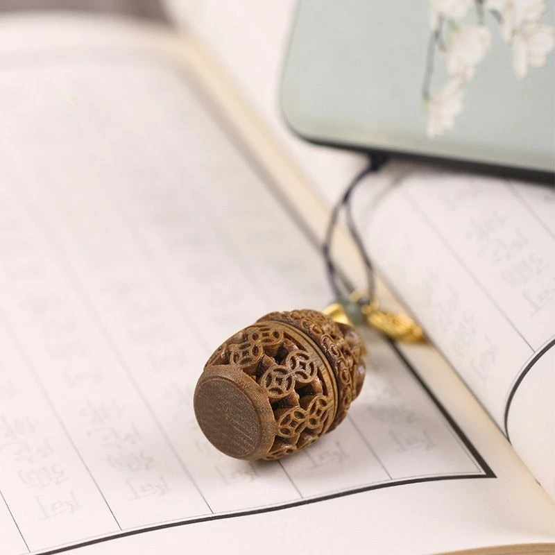 Green Sandalwood Wooden Treasure Pot Sachet Hollowed Out Carved Mobile Phone Bag Keychain Pendant Accessories