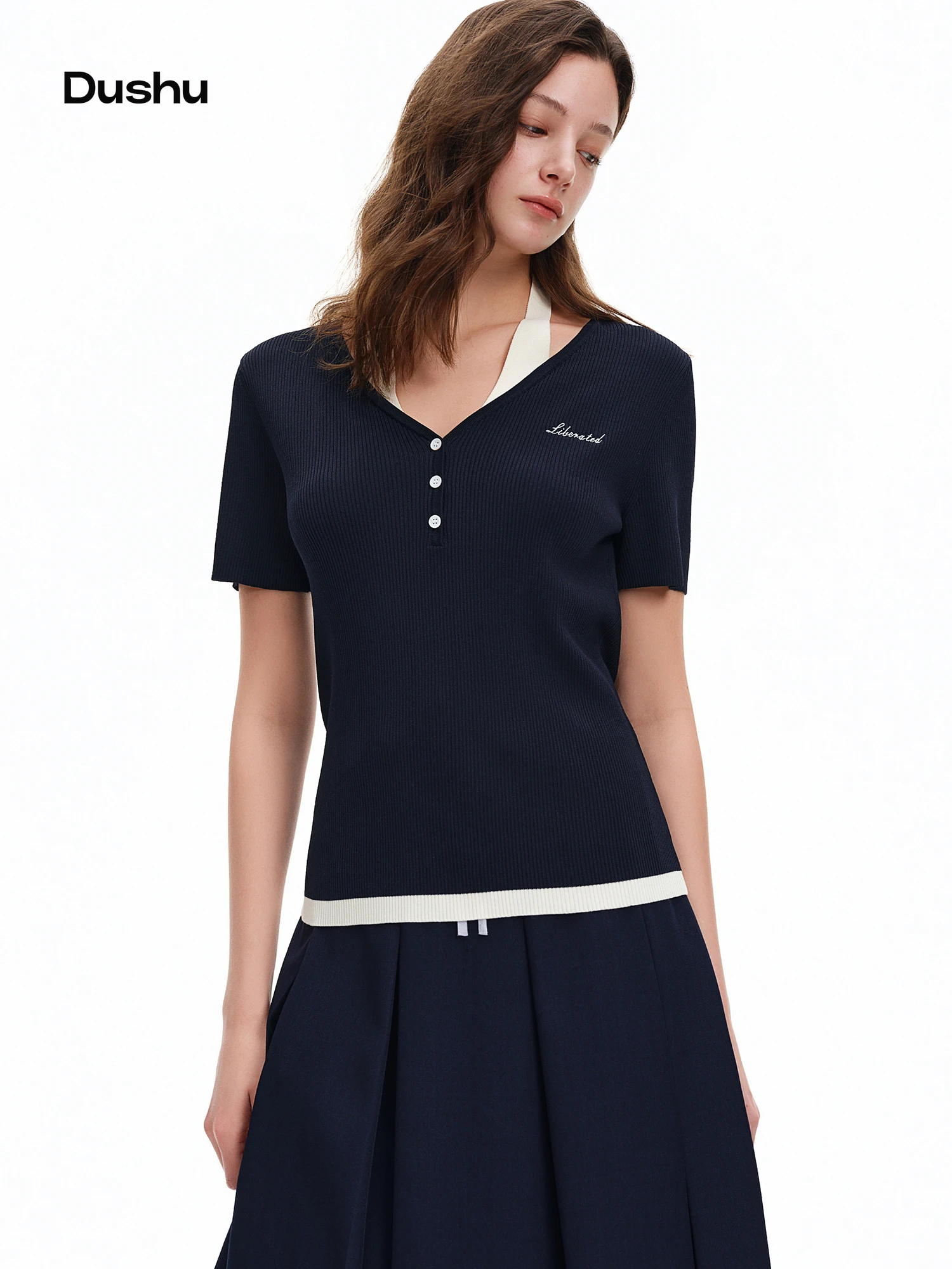 

DUSHU Women's Cool Mist Color Block Strapless Knit Short Sleeve Top 2026 Summer New Arrival Office Casual Knit Top Vneck T-shirt