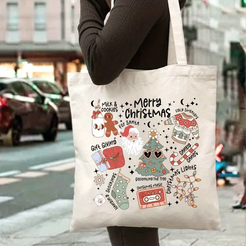 Festive Christmas Canvas Tote Bag - Large Capacity, Durable & Stylish With Fun Prints For Shopping, Travel & Parties