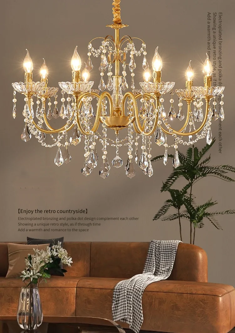 European Crystal E14 Chandelier French Gold Candle Pendant