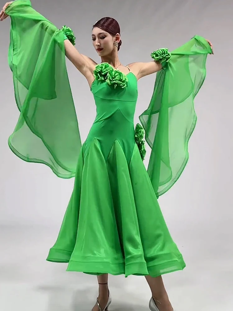Ballroom Dans Jurk Vrouwen Zomer Standaard Moderne Dans Outfit Groene Dansvoorstelling Jurken Wals Competitie Kostuums 2409