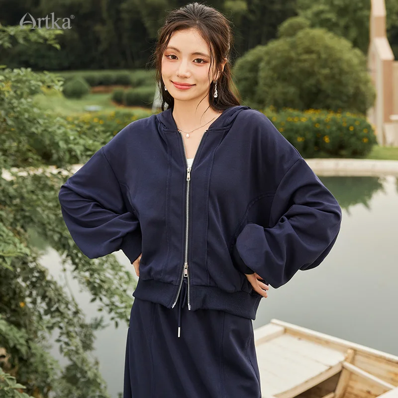 ARTKA 2023 Autumn New Women Suit Fashion Casual Hooded Sweatshirt Coat Two Piece Set High Waist Straight Long Skirt TZ92336Q