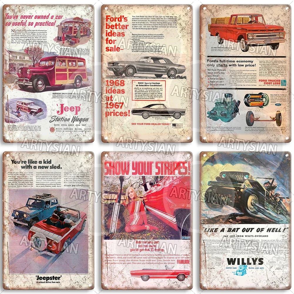 Automobile Metal Sign Car Truck Van Pickup Bus Ads Metal Plaque Jeep Wagoneer Station Wagon Jeepster Ford Comet Pinto Ranchero