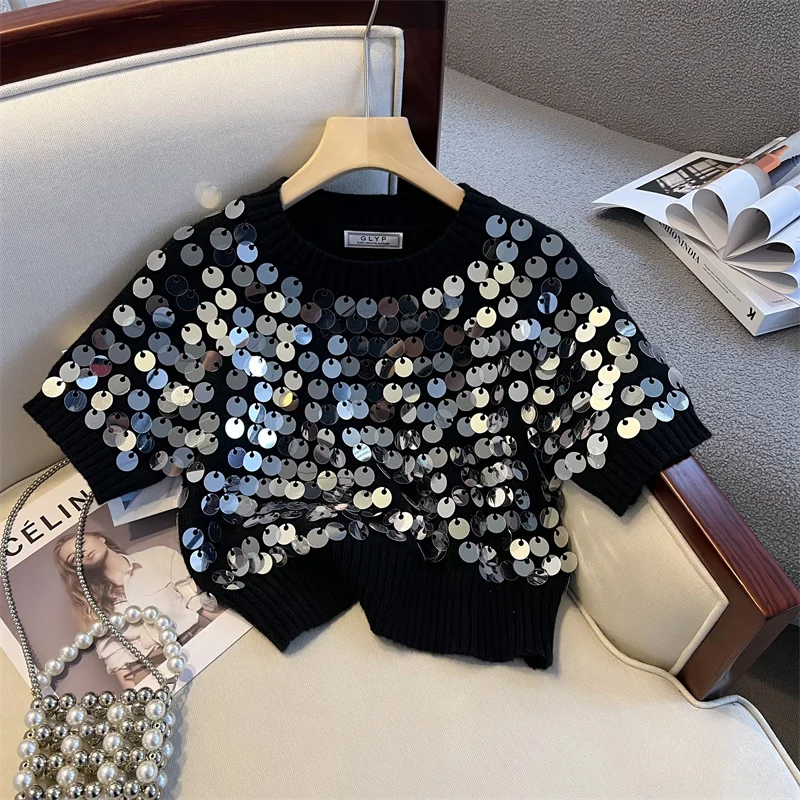 

Solid Casual Loose Knitted Short Sleeve Sweater Women Spring Autumn Sequins Slim Pullovers Crop Top Y2K Clothes N40