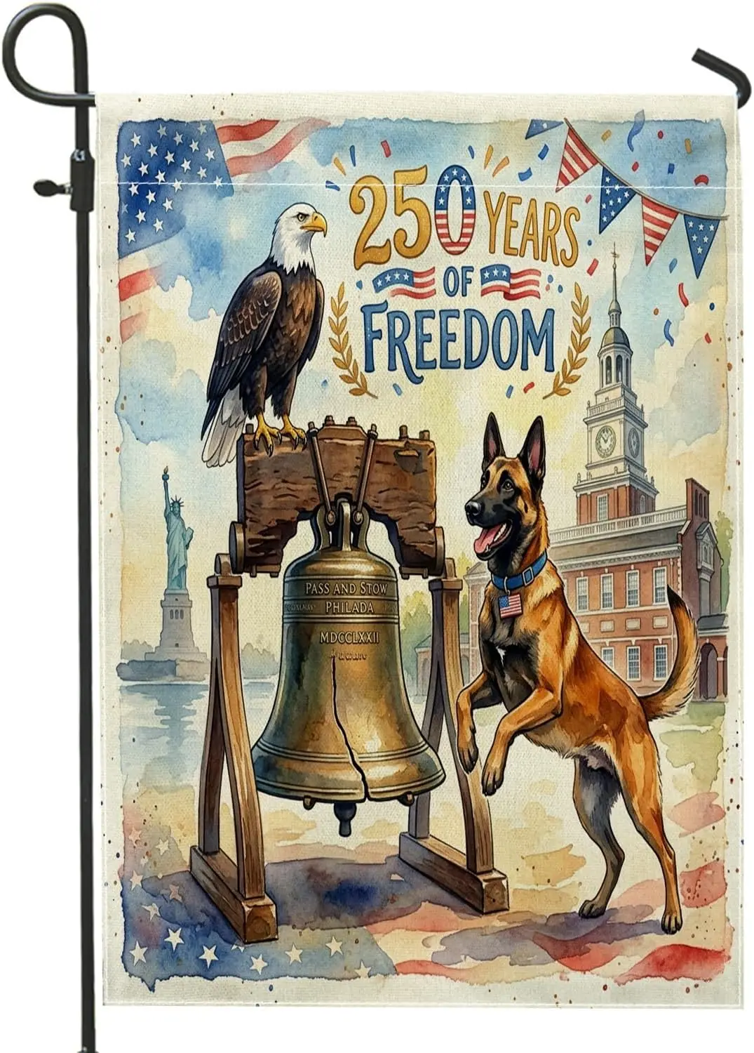 250 Years Belgian Malinois Dog Garden Flags 12x18 Inch Double Sided for Outside, Liberty Bells Front Yard Small Canvas House AAS