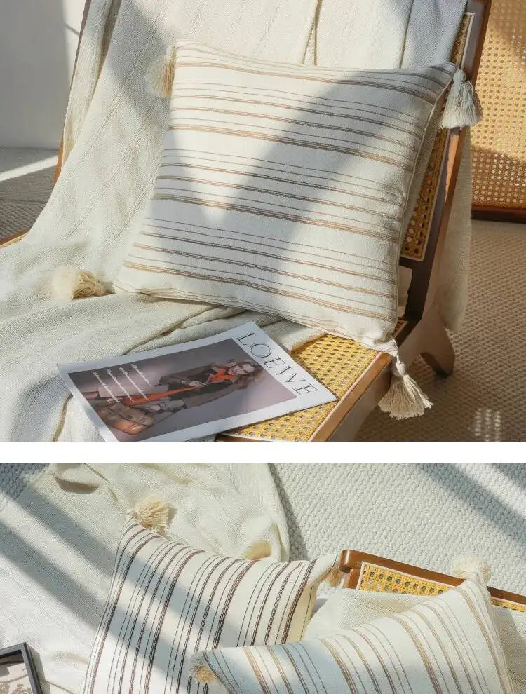 Boho Weiche & Gemütliche Kissenbezüge Gestreifte Quadratische Neutrale Kissenhüllen mit Quasten Landhaus-Stil Sofakissenbezug für Sofa und Bett – Detail 7