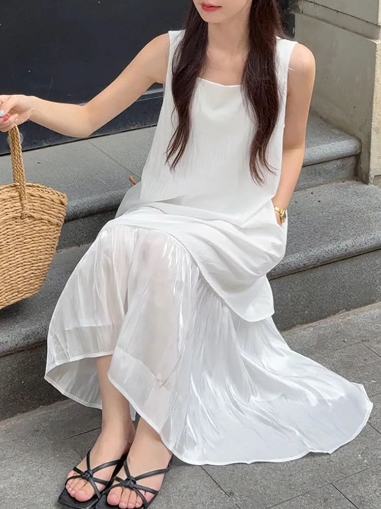 Dresses Sleeveless Womens To Wear A Wedding Summer Cotton Spaghetti Strap Halterneck Hollow-Out Cutout Side-Slit Colorful Simple