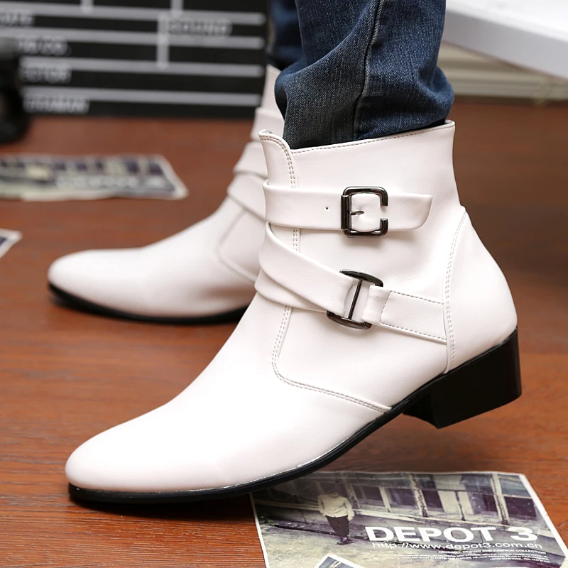 HKDQ Fashion White High Heel Boots For Men Trendy High Top Pointed Toe Men\'s Leather Shoes Hasp Zip Comfortable Man Ankle Boots