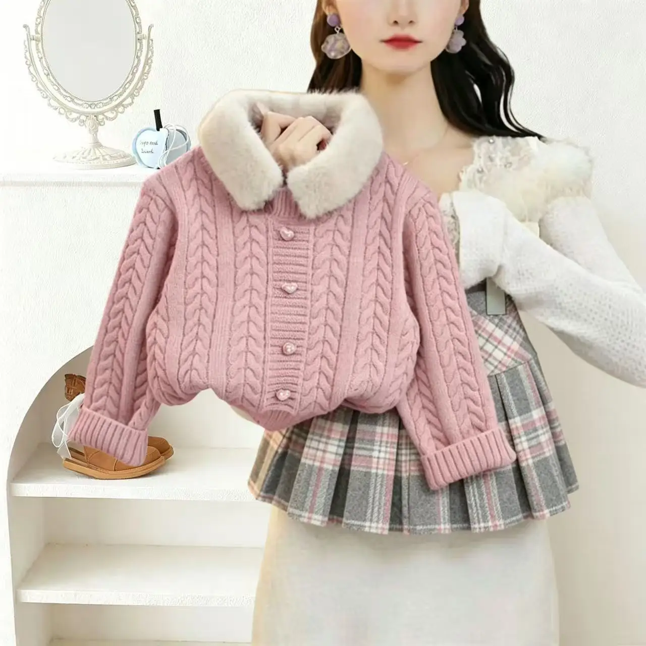 Autumn Winter Girls Knit Two Piece Set Fashion Trendy Fur Collar Sweater Matching Wool Plaid Skirt Outfit
