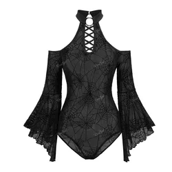 ROSEGAL Gothic Women Sexy Bodysuit Black Flare Sleeves Cold Shoulder Mesh Flocking Spider Web Lace Up O-Ring Lingerie Jumpsuit